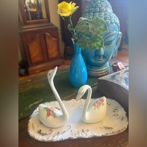 MCM vintage enameled metal swan figurines with hand painted roses